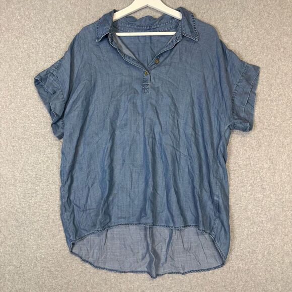 Ellen Tracy Women's Large Blue Lyocell Hi Low Short Sleeve Shirt Top Blouse - Picture 1 of 8